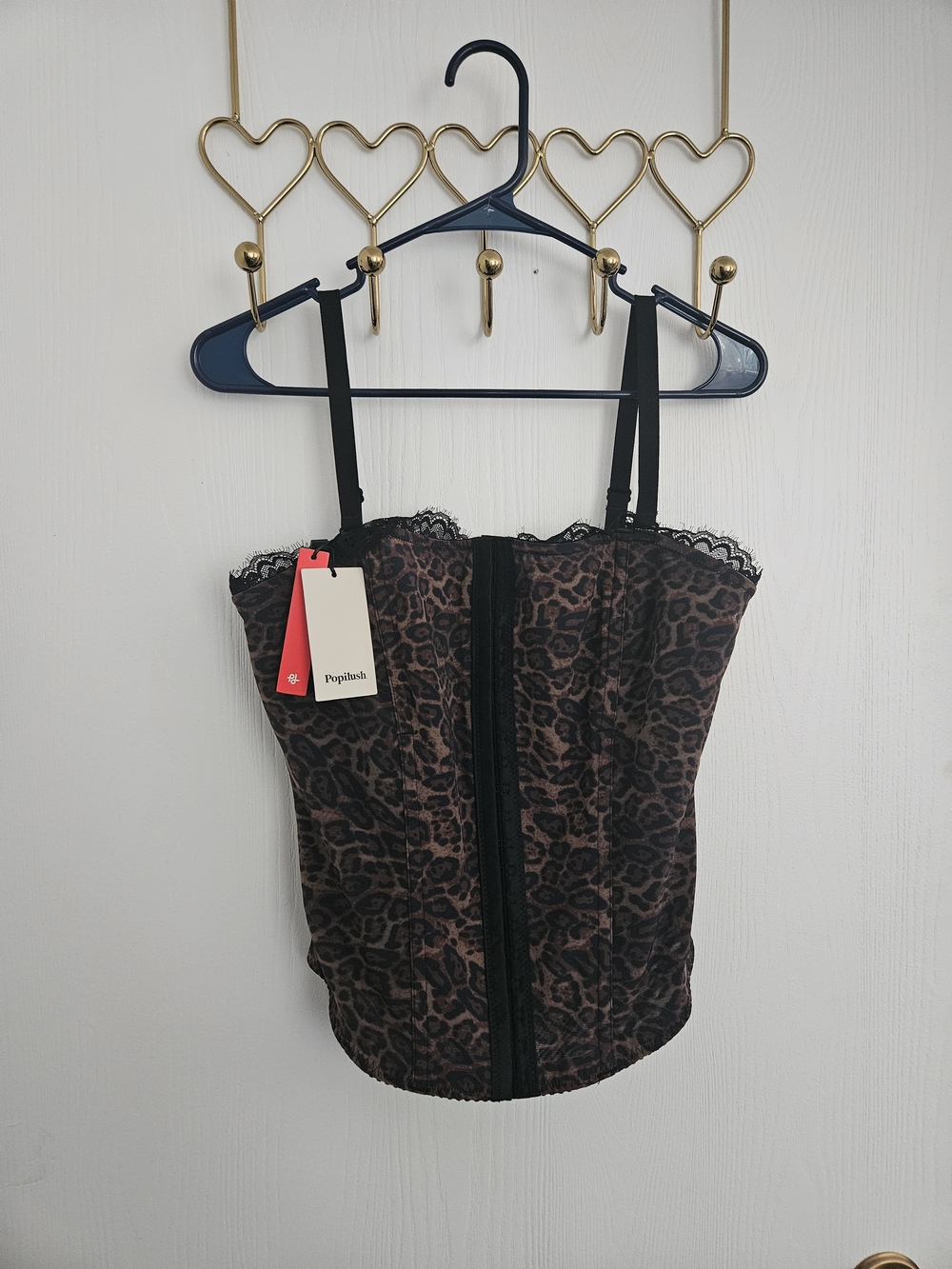 Popilush Black Lace-Trim Leopard Corset Top